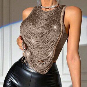 Brown Party Women's Sleeveless Fringe Detail Patchwork Tank Top